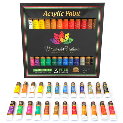 Acrylic Paint Set Tube 24 X 12Ml. 3 Free Brushes.Perfec