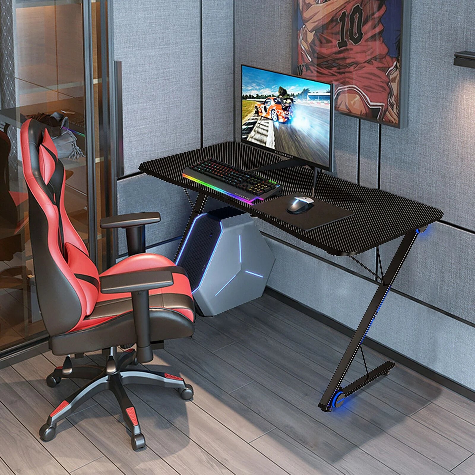 Z-Shaped Ergonomic Gaming Desk with Blue Lights