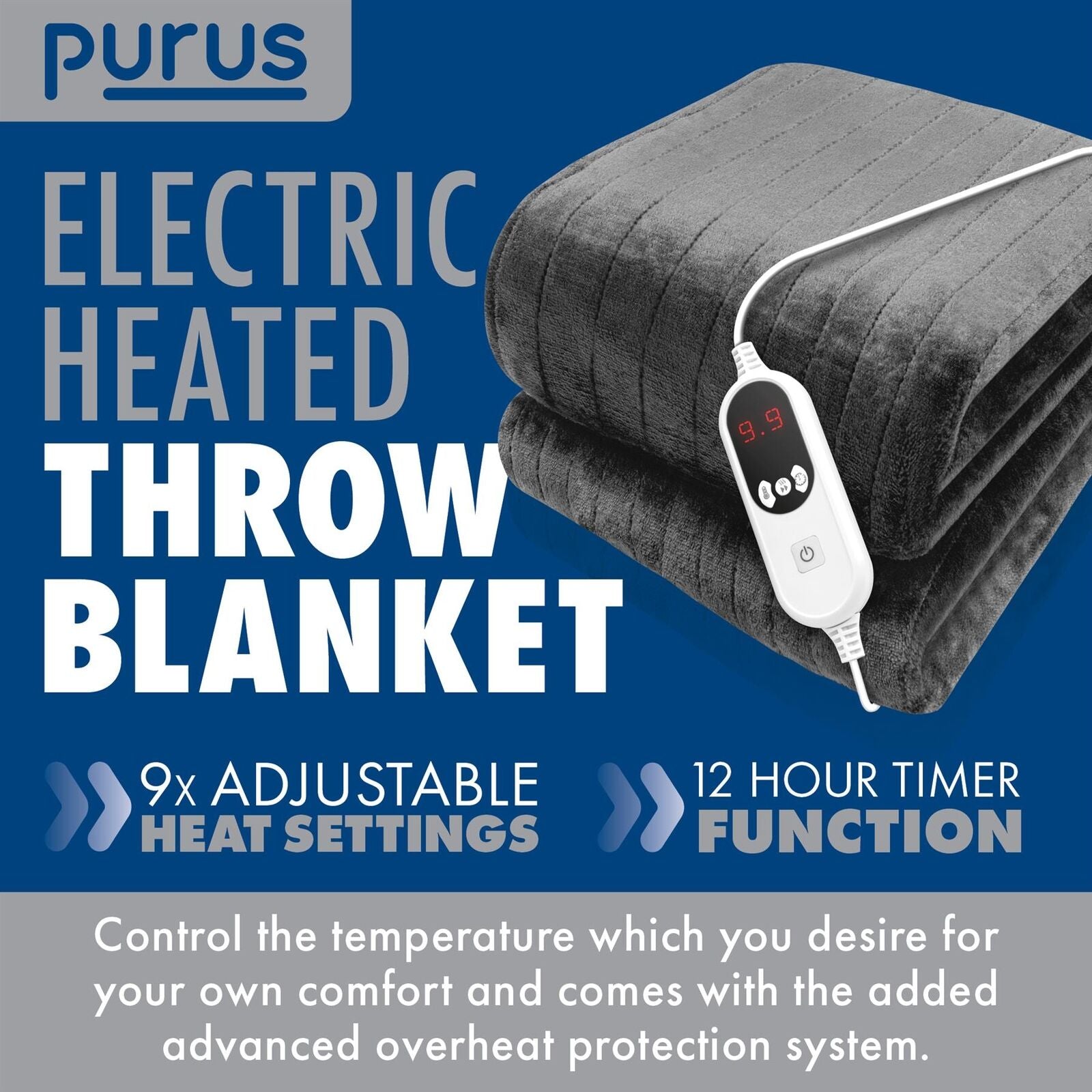 Electric Heated Blanket Throw 9 Heat Settings 160X120Cm Grey Overheat Protection