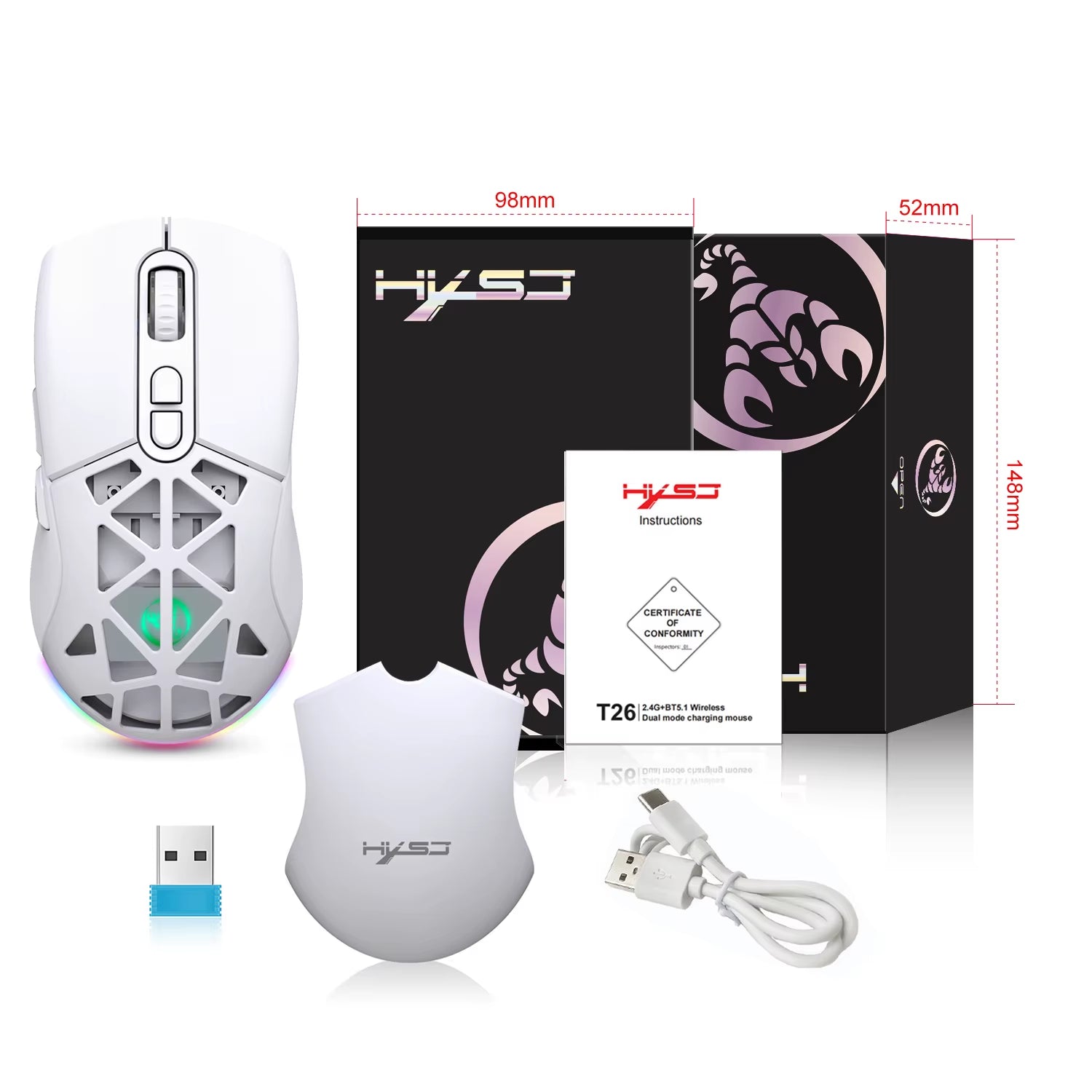 T26 Dual Mode Gaming Mouse, 2.4G+BT5.1 Wireless Mouse Gaming for Laptop 4800 Adjustable , Ergonomic Optical Computer Gamer