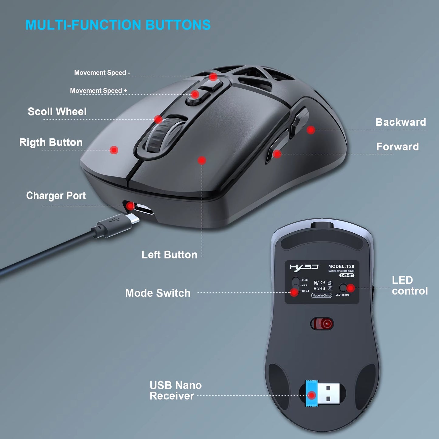 T26 Dual Mode Gaming Mouse, 2.4G+BT5.1 Wireless Mouse Gaming for Laptop 4800 Adjustable , Ergonomic Optical Computer Gamer