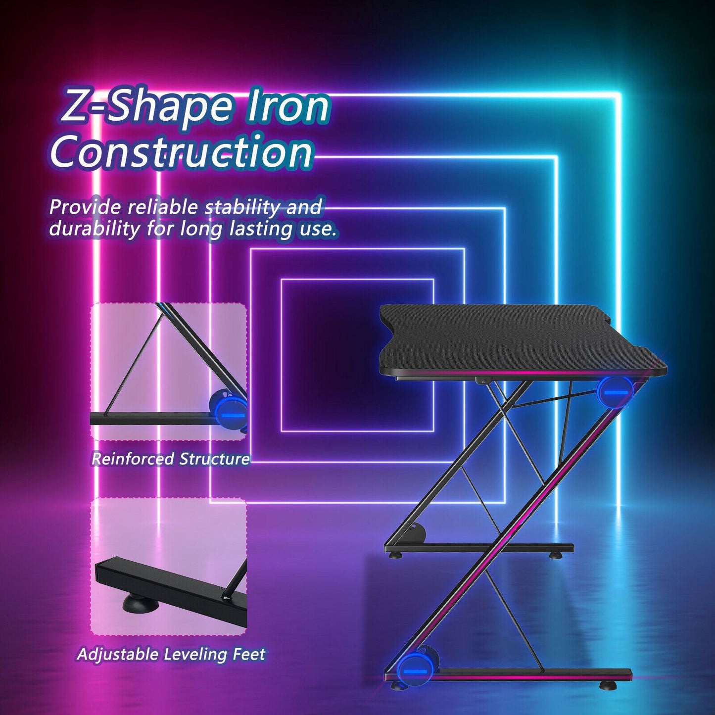 Z-Shaped Ergonomic Gaming Desk with Blue Lights