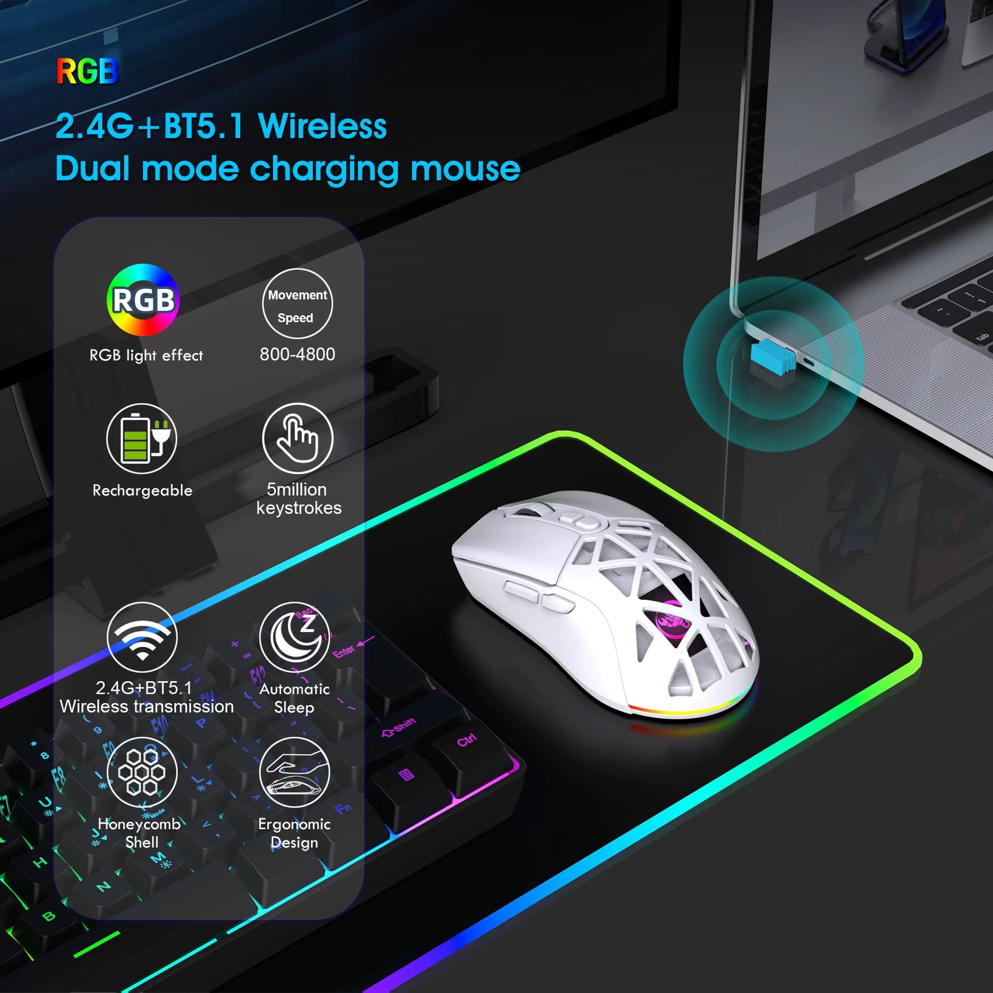 T26 Dual Mode Gaming Mouse, 2.4G+BT5.1 Wireless Mouse Gaming for Laptop 4800 Adjustable , Ergonomic Optical Computer Gamer